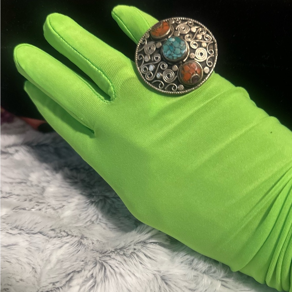 New Artisan Tibetan Jumbo ring Turquoise coral German Silver 7.75